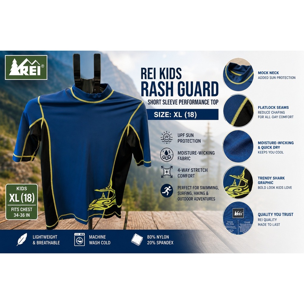REI Kids Rash Guard XL 18 Blu Black Shark Graphic Short Sleeve Swim Shirt 793907